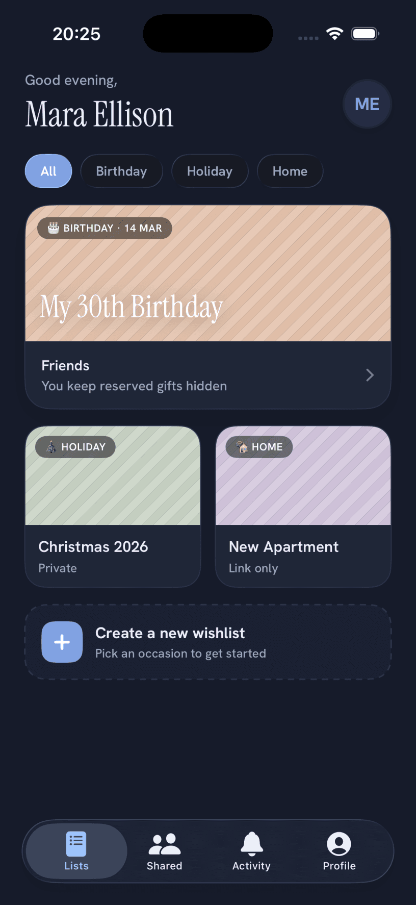 The Pica home screen showing a grid of wishlists